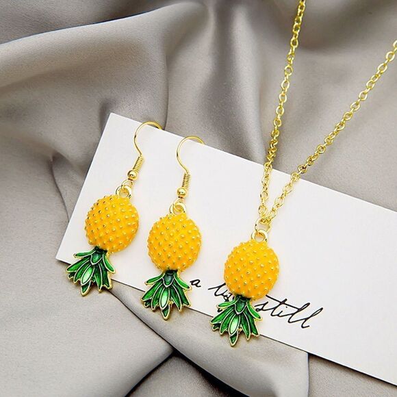 Green Leaf Pineapple Dangle Earrings Pendant Necklace Set - Picture 3 of 7